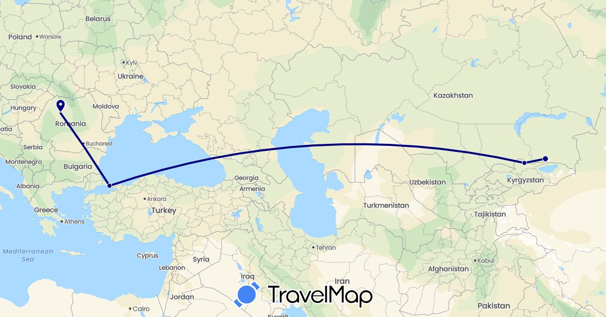 TravelMap itinerary: driving in Kyrgyzstan, Kazakhstan, Romania, Turkey (Asia, Europe)